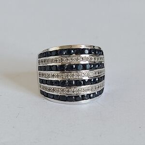 Chunky Boho Sterling Silver Wide CZ Crystal Black Spinel Row Layer Cocktail Ring